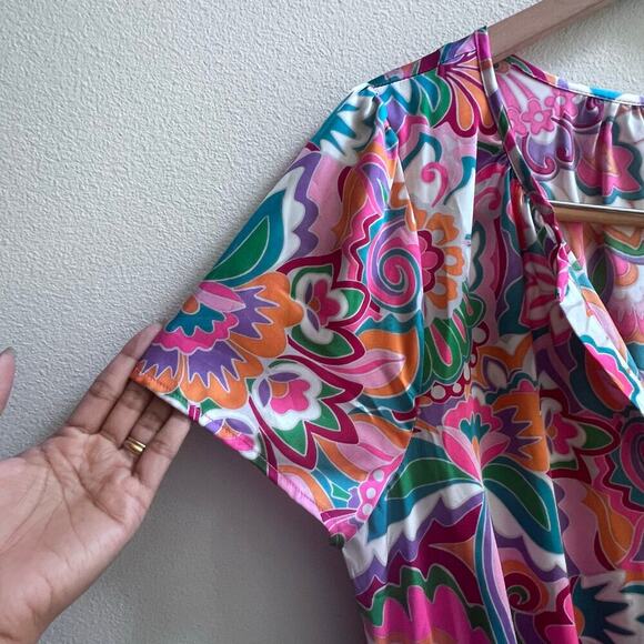 Nicole Miller Dress Womens L Pink Multi Satin Floral Abstract Pocket Ruffle Mini - Picture 3 of 10